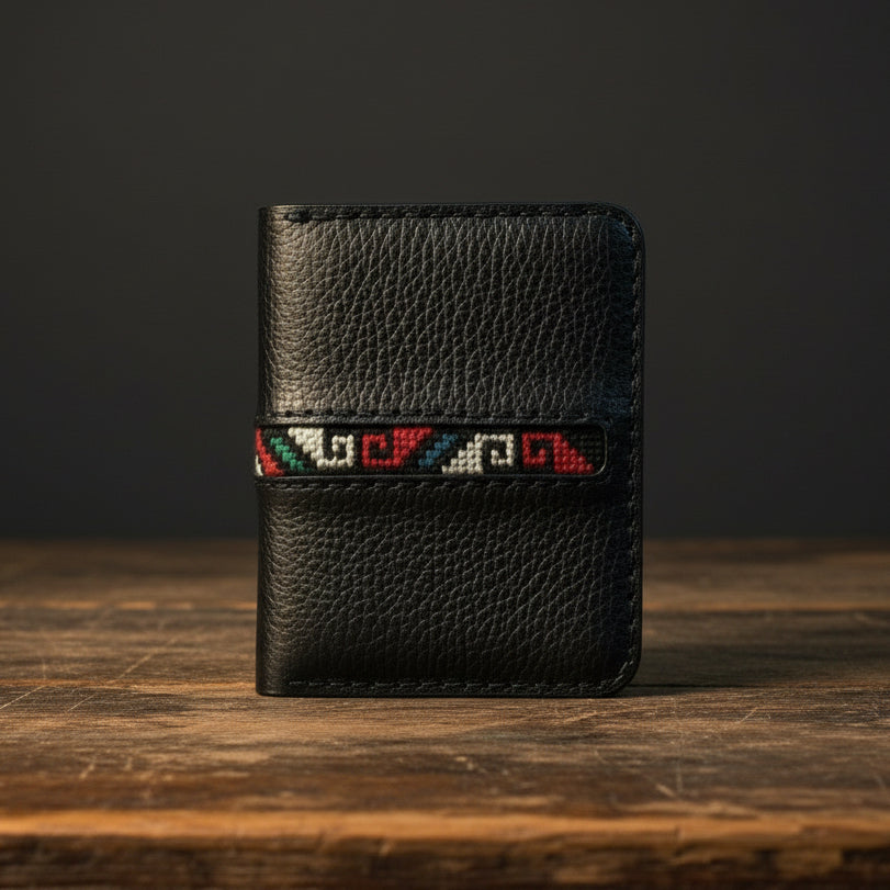 Black leather wallet with a colorful band on a wooden surface