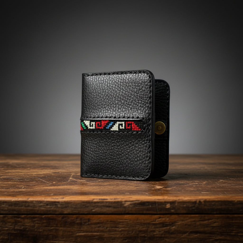 Black leather wallet with colorful stitching on a wooden surface